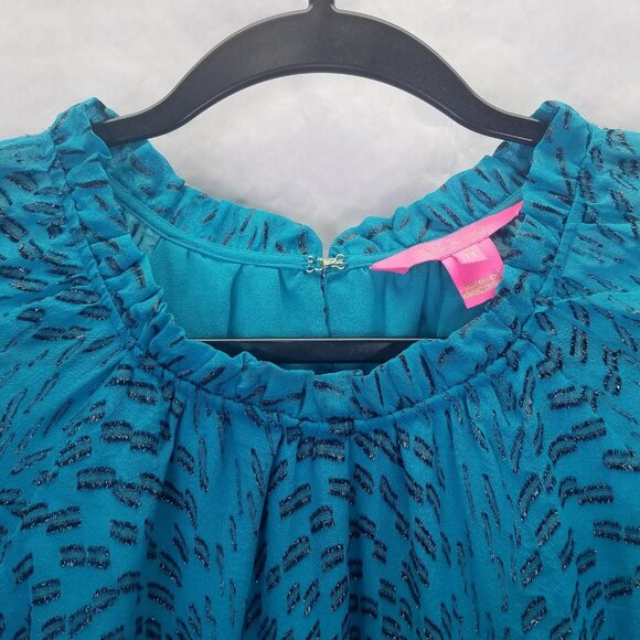Lilly Pulitzer Caline Blouse Women M Teal Bay Silk Swirl Clip Silver Puff Sleeve - Picture 2 of 16